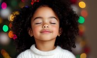 Young African American girl with curly hair smiling peacefully with eyes closed wearing white sweater against festive Christmas lights bokeh background.