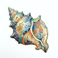 Ornate seashell with intricate floral patterns in blue, gold, and coral tones, isolated on white background. Perfect for design projects.