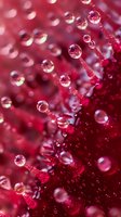 Macro photography of water droplets on red flower petals creating spherical reflections and refractions, with delicate strings of moisture forming crystalline patterns.