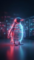 Futuristic digital penguin with glowing circuit patterns and neon lights in cyberpunk style for technology and AI concepts.