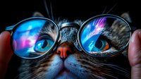 Close up portrait of gray tabby cat wearing glasses with blue light reflection, showing curious expression and pink nose against dark background.