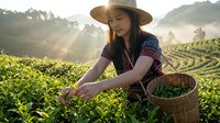 Young Asian woman farmer harvesting tea leaves in traditional clothing with wicker basket during golden hour sunrise in terraced plantation fields.