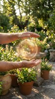 Hands protecting glowing energy sphere in garden setting with potted plants and natural sunlight creating magical atmosphere for environmental concepts.