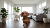 Adorable dachshund dog sitting in modern bright living room with large windows, gray sofa, and green plants creating cozy home atmosphere.