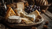 Gourmet cheese board with variety of artisanal cheeses, grapes, and nuts on rustic wooden platter, creating elegant appetizer display for wine pairing.