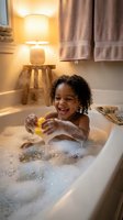 Happy mixed race toddler girl playing with yellow rubber duck in bubble bath at home. Joyful child enjoying bath time in cozy bathroom with warm lighting.