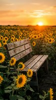 Wooden bench in sunflower field at golden hour sunset, surrounded by blooming yellow flowers and warm sky, perfect for nature and landscape themes.