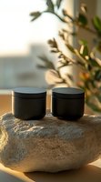 Black cosmetic jars on natural stone with olive branch in soft golden sunlight. Minimalist spa and beauty product photography for wellness branding.