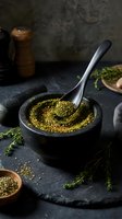 Ground fennel seeds in black stone mortar with pestle on dark slate surface surrounded by fresh herbs for culinary seasoning and spice preparation.