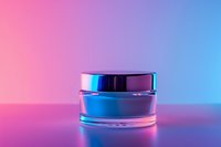 Cosmetic cream jar on gradient background with neon pink and blue lighting effects, minimalist luxury skincare product photography for beauty industry.