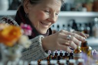 Mature Caucasian woman with gray sweater smiling while organizing essential oil bottles and aromatherapy supplies on table, selective focus on hands and bottles.