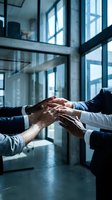 Business team joining hands together in modern office building showing unity, collaboration and teamwork for corporate success and partnership goals.