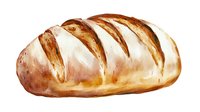 Freshly baked crusty sourdough bread loaf with golden brown scoring marks on white background, watercolor style illustration for culinary and food design.