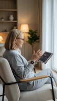 Senior woman using smart home automation tablet in modern living room with warm lighting and contemporary furniture for digital lifestyle.