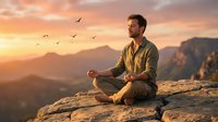 Young Caucasian man meditating in lotus position on mountain cliff during golden sunset with birds flying overhead, peaceful mindfulness practice in nature.