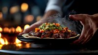 Professional chef presenting steaming grilled meat dish with fresh herbs and vegetables in upscale restaurant kitchen with warm ambient lighting.