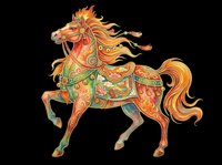 Ornate decorated horse with flowing fiery mane, folk art style, isolated on transparent background. Great for t-shirts, stickers, print on demand, sublimation, clipart.