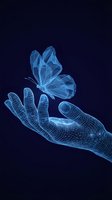 Digital wireframe hand releasing glowing blue butterfly on dark background symbolizing freedom transformation and technological innovation.