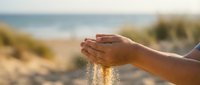 Hands cupping and releasing golden sand at sunset beach with ocean waves and dunes in soft focus background creating peaceful meditation moment.