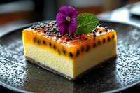 Passion fruit cheesecake slice with vibrant purple edible flower garnish and mint leaf on dark plate, dusted with powdered sugar. Creamy texture with caramelized topping.