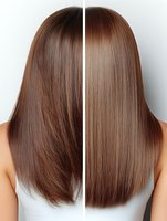 Before and after hair treatment comparison showing transformation from frizzy to smooth straight brown hair, demonstrating professional salon results.