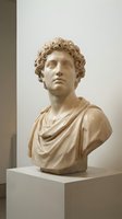 Classical marble bust sculpture of a young man with curly hair and draped clothing, displayed on white pedestal for museum, gallery, art history, or educational use.