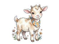 Young goat with cream and tan coloring wearing decorative collar, surrounded by wildflowers and hearts on isolated white background, suitable for children's designs and nursery decor.