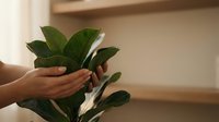 Hands gently holding green houseplant with glossy leaves in warm sunlit home interior. Indoor gardening and plant care concept for wellness lifestyle.