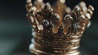Ornate golden crown with fleur-de-lis details and intricate metalwork against blurred background for luxury branding and royal themed projects.