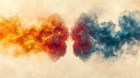 Vibrant orange and blue smoke clouds collide in artistic symmetrical formation against neutral background, creating dynamic abstract design for creative projects.