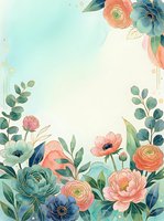 Watercolor floral border frame with pastel pink, teal, and coral blooms, eucalyptus leaves, and gold accents on a soft mint background.