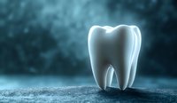 Glowing white molar tooth on textured surface against dark teal background with atmospheric fog effect. Concept for dental care and oral hygiene.