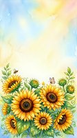 Watercolor sunflower border with bee and butterfly on pastel background for greeting cards, invitations and summer designs.