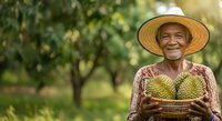 Senior Asian male farmer holding fresh pineapples in orchard garden. Agricultural worker in straw hat smiling outdoors during harvest season.