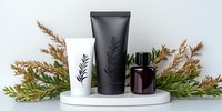 Minimalist cosmetic bottles with botanical design on marble podium, decorated with natural dried plants and evergreen branches against white background.