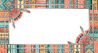 Colorful tribal geometric border frame with feather ornaments on white background, isolated design element for invitations, cards, posters, and creative projects.