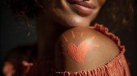 African woman with heart-shaped body art on shoulder wearing coral off-shoulder top against dark background, showcasing beauty and self-expression.