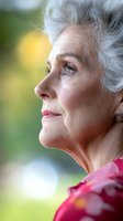 Profile portrait of elegant senior woman with silver hair wearing pink floral dress, looking up thoughtfully against soft bokeh background. Natural aging and wisdom concept.