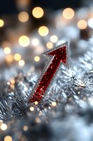 Red glittery arrow ornament on silver tinsel with soft golden bokeh lights in background creates festive holiday atmosphere for Christmas and winter celebrations.