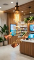 Modern pharmacy interior with floating copper medical icons including prescription pad, mortar pestle and pill capsules under warm pendant lighting.