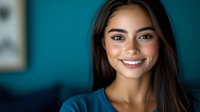 Young woman with long dark hair and warm smile wearing casual clothing against teal blue background, suitable for corporate, lifestyle, and portrait projects.