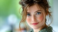 Young woman with blue eyes and auburn hair in casual updo smiling gently at camera with soft natural lighting and blurred green background.
