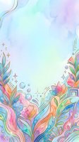 Pastel watercolor floral border with colorful leaves, flowers, bubbles, and sparkles on a soft gradient background with copy space.