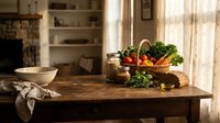 Fresh organic vegetables in wicker basket on rustic wooden kitchen table with natural sunlight streaming through window creating warm homey atmosphere.