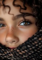 Close up portrait of young mixed race woman with freckles and amber eyes wrapped in knitted scarf, showing natural beauty and tender expression.