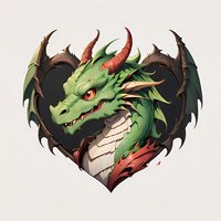 Green dragon head with red horns and dark wings forming heart shape on light background, fantasy creature illustration for gaming and decorative design.