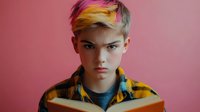 Young androgynous person with vibrant rainbow hair and colorful jacket against pink background for LGBTQ pride and self-expression campaigns.
