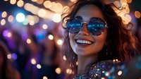 Young woman with curly hair wearing reflective sunglasses smiling at night, illuminated by colorful bokeh lights and neon glow creating festive party atmosphere.