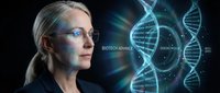 Mature woman with light skin tone and gray hair wearing glasses and dark professional attire examines glowing DNA helix hologram displaying biotech advance data and genetic research visualization.