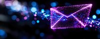 Glowing neon envelope shape with sparkles and bokeh lights on dark background, digital communication concept with purple and blue colors. Modern mail symbol.